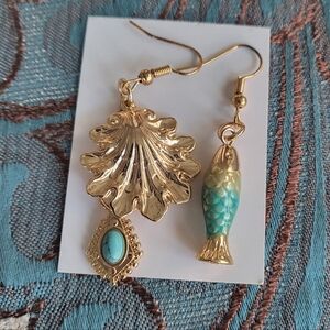 Gold turquoise blue sea shell fish mismatch mermaid earrings